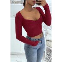 Bauchfreies Damen Basic Langarmshirt Rippstrick Bordeaux