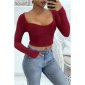 Bauchfreies Damen Basic Langarmshirt Rippstrick Bordeaux