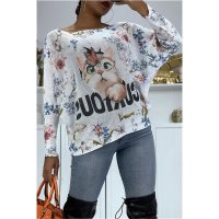 Light womens knitted oversized sweater with cat print white