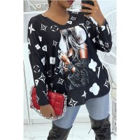 Light womens fine-knitted oversized sweater with print black