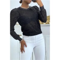 Elegant puff-sleeved womens sweater with glitter threads...