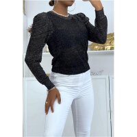 Eleganter Damen Pullover mit Glitzer und Puffärmeln Schwarz