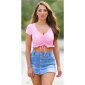 Bauchfreies Damen Crop Top Kurzarm mit Raffungen Rosa
