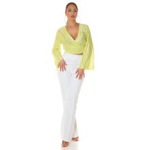 Bauchfreie Damen Langarm-Bluse in Wickel-Optik Hellgrün