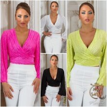 Bauchfreie Damen Langarm-Bluse in Wickel-Optik Hellgrün