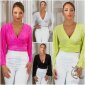 Bauchfreie Damen Langarm-Bluse in Wickel-Optik Hellgrün
