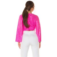 Bauchfreie Damen Langarm-Bluse in Wickel-Optik Pink