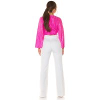 Bauchfreie Damen Langarm-Bluse in Wickel-Optik Pink Einheitsgröße (34,36,38)