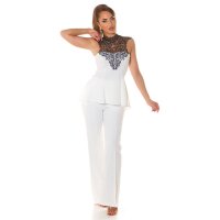 Flared womens longtop with crochet lace white-black