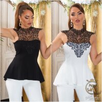 Flared womens longtop with crochet lace white-black