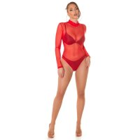 Womens long-sleeved chiffon bodyshirt transparent red