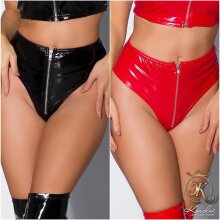 Womens high waist gogo hot pants in latex look with zip red