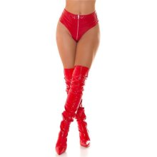 Womens high waist gogo hot pants in latex look with zip red
