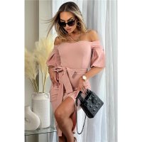 Womens off-the-shoulder midi dress in wrap look with belt pink