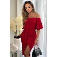 Womens off-the-shoulder midi dress in wrap look with belt...
