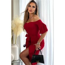 Womens off-the-shoulder midi dress in wrap look with belt red
