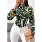 Elegant womens pussybow blouse with abstract pattern green