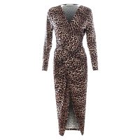 Womens long-sleeved midi sheath dress animal print leopard brown