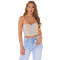 Cropped womens strappy bustier top with rhinestones beige