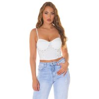 Cropped womens strappy bustier top with rhinestones white