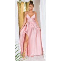 Womens strappy satin maxi dress with high vent antique pink