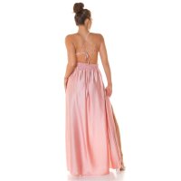 Womens strappy satin maxi dress with high vent antique pink