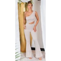 Flared womens one-shoulder jumpsuit with cut-out beige