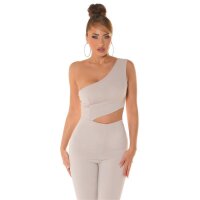 Damen One-Shoulder Overall Jumpsuit mit Schlag Beige