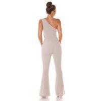 Damen One-Shoulder Overall Jumpsuit mit Schlag Beige