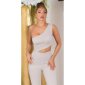 Damen One-Shoulder Overall Jumpsuit mit Schlag Beige