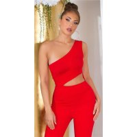Flared womens one-shoulder jumpsuit with cut-out red