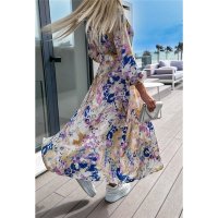 Long womens summer maxi dress with pattern incl. belt ecru Onesize (UK 8,10,12)