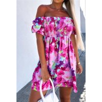Kurzes Damen Off-Shoulder Sommerkleid mit Blumen-Muster Pink Einheitsgröße (34,36,38)