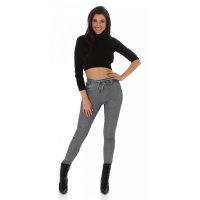 Checked womens high waist trousers with tie belt light grey