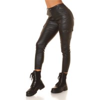 Skinny womens high-waisted cargo trousers in leather look black