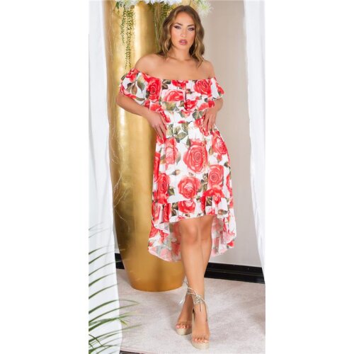 Damen Carmen-Kleid mit Blumenmuster inkl. Gürtel Rot