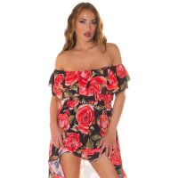 Womens high-low Carmen dress with flowers incl. belt black