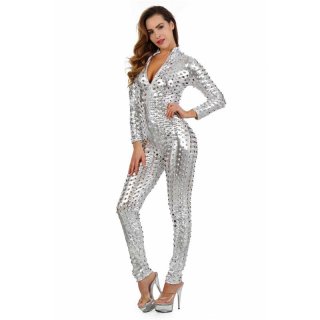 Sexy Damen Catsuit mit Zipper Wetlook Gogo Clubwear Silber
