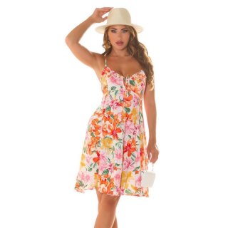 Short womens strappy summer dress with flowers beige