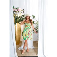 Short womens strappy summer dress with flowers green