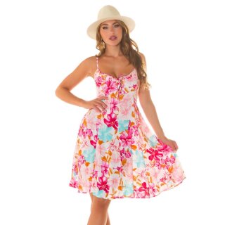 Kurzes Damen Sommerkleid mit Blumen und Trägern Weiß