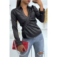Elegant womens wrap blouse long-sleeved satin blouse black