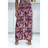 Colourful womens palazzo pants with flower print fuchsia-black