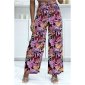 Colourful womens palazzo pants with flower print fuchsia-black