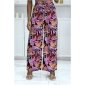 Colourful womens palazzo pants with flower print fuchsia-black