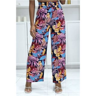 Colourful womens palazzo pants with flower print fuchsia/blue
