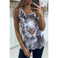 Long womens tanktop with lion print and sequins white
