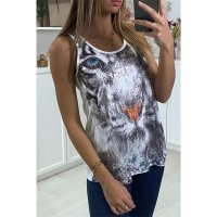 Long womens tanktop with lion print and sequins white