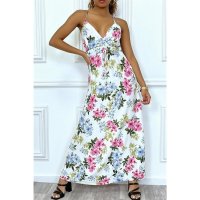 Long womens strappy maxi dress with flower print white