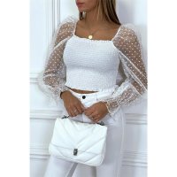 Womens crop top with transparent organza sleeves white